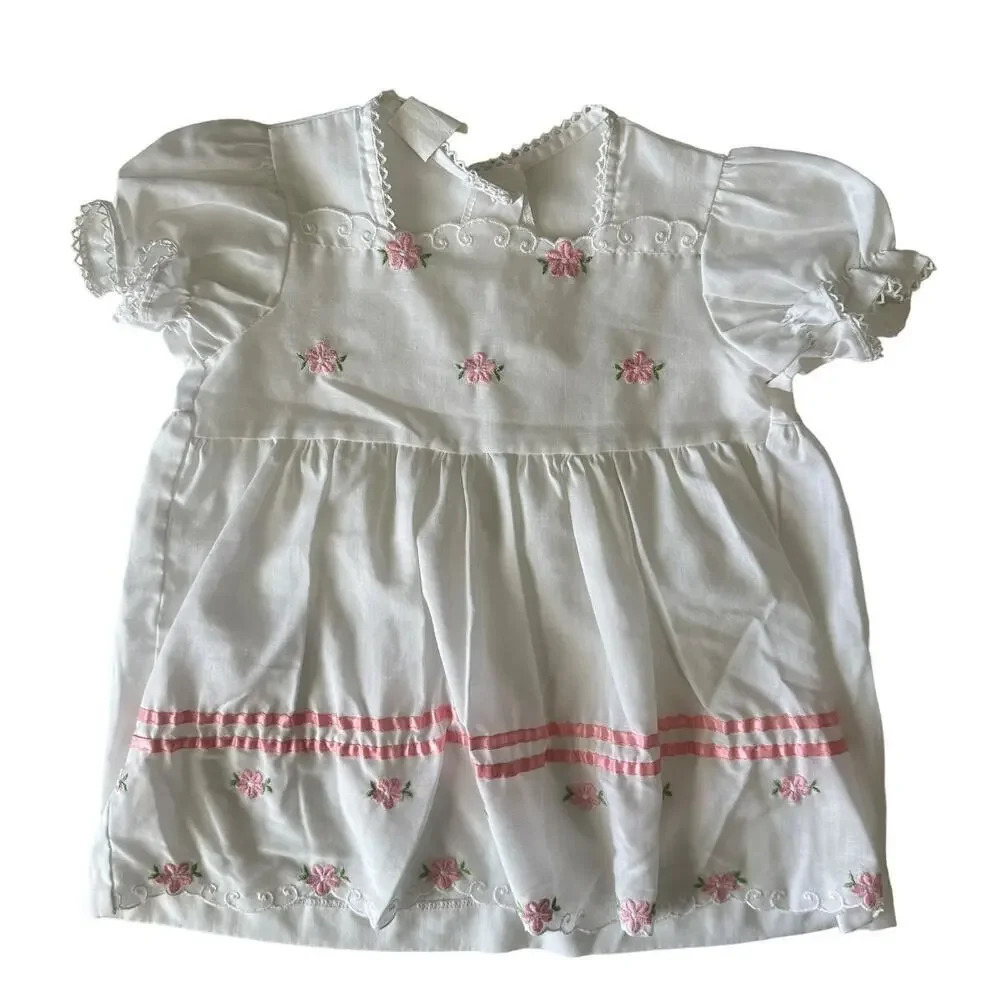 Vintage Toddler Girl Embroidered Dress SZ 2T Ruffled Floral Made in The USA‎